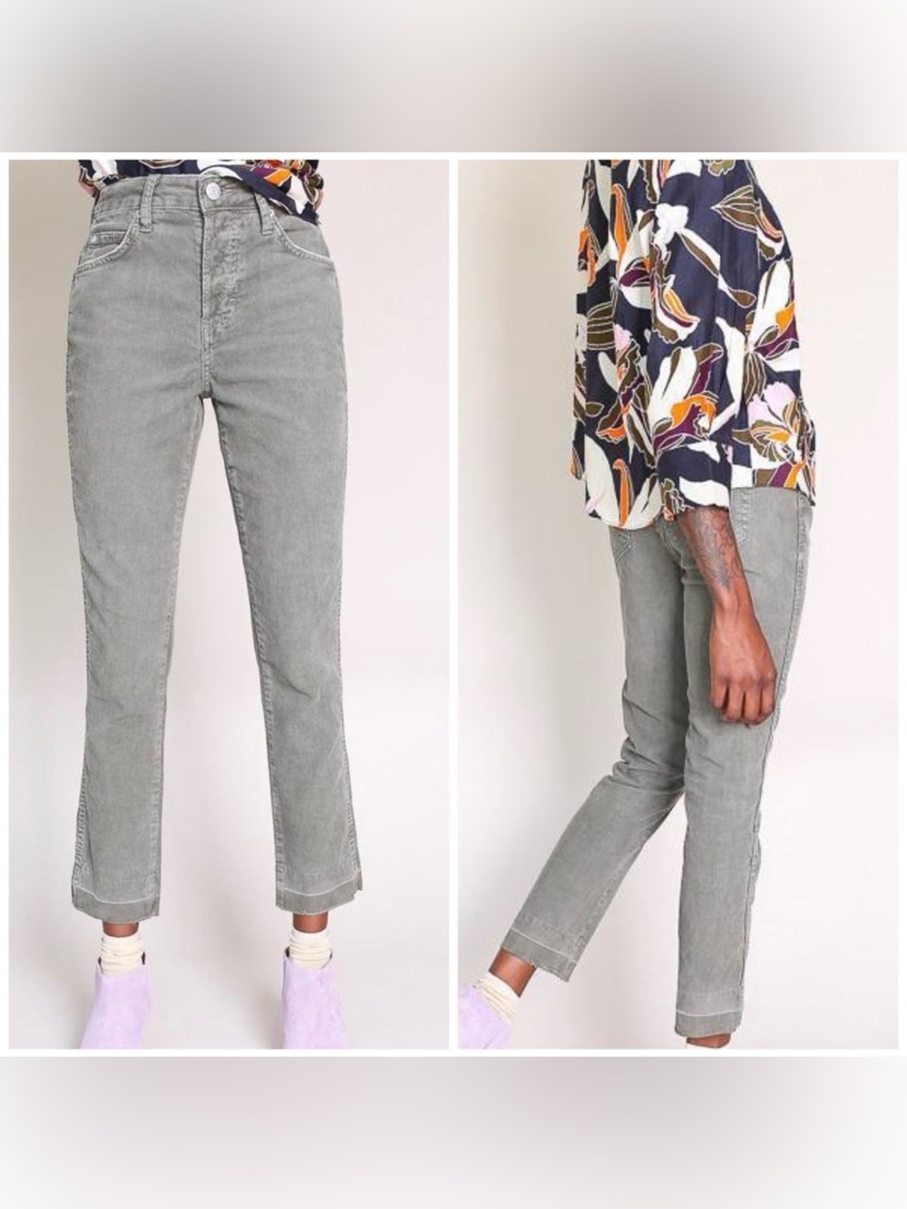 AMO Babe Slim Fit High-Rise Corduroy Pant Green Gray 29 Cropped/Ankle Length